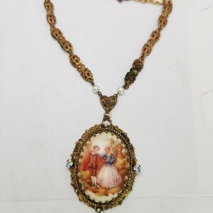 VTG Necklace Courting Couple Signed Fragonard Brass Filigree West Germany 24"